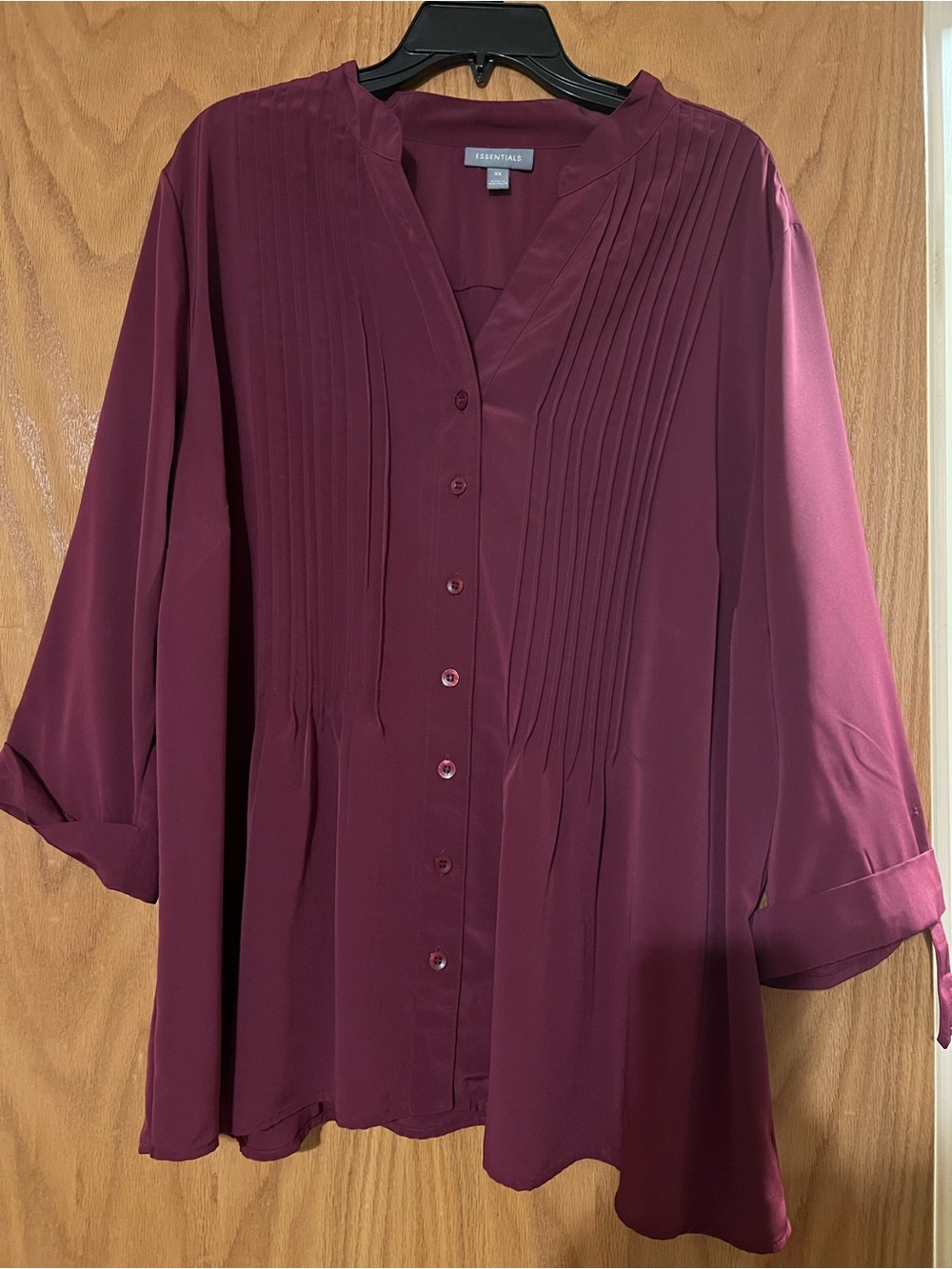 Essentials Women's Wine Button-Front Pintuck Blouse
